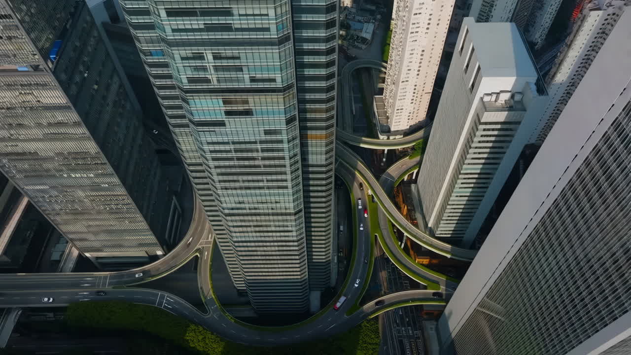 Aerial view of skyscrapers and roads in a modern city