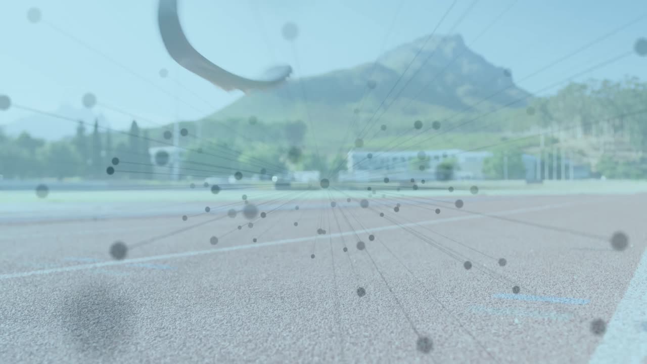 경주 트랙에서 달리기 블레이드를 가진 장애인 남성 운동 선수에 대한 연결 네트워크의 애니메이션