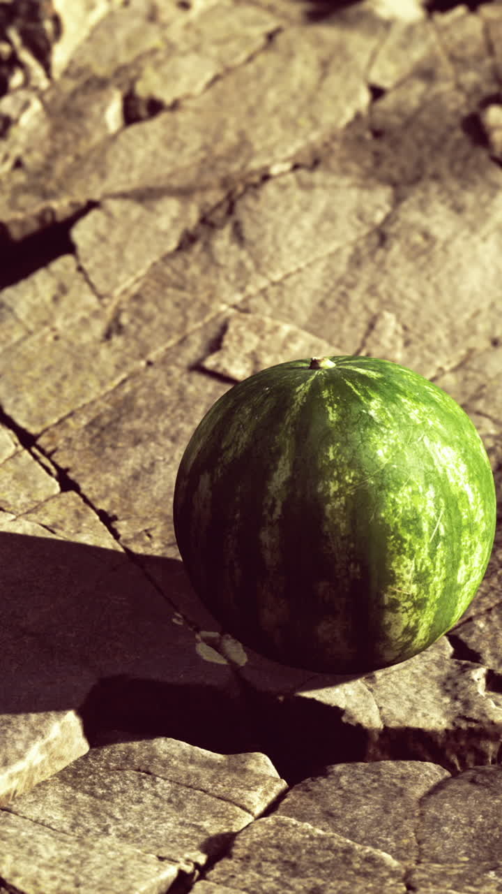 Fresh green melon resting on weathered outdoor flagstone during midday sunlight