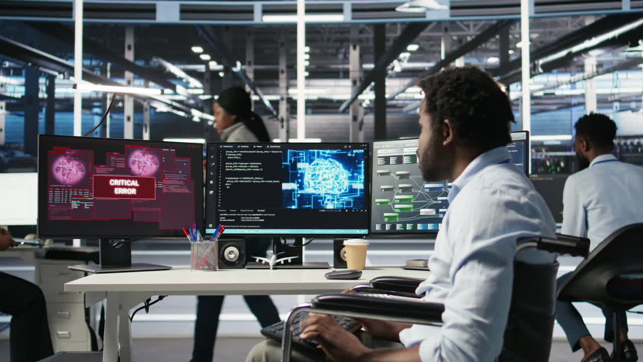 Overworked man in wheelchair upset by error, looking at server hub AI analytics