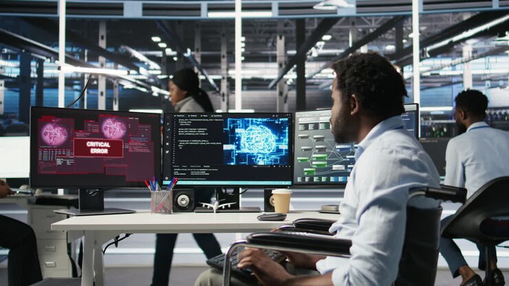 Overworked man in wheelchair upset by error, looking at server hub AI analytics