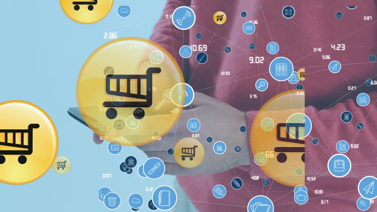 아이콘의 애니메이션과 스마트 폰을 사용하는 두 인종의 사업가에 대한 연결 네트워크