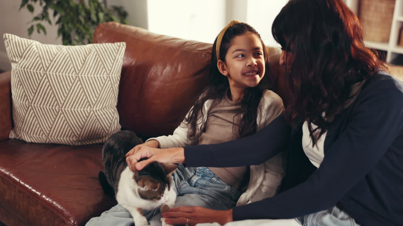 Woman and Child Bonding with Cat on Couch