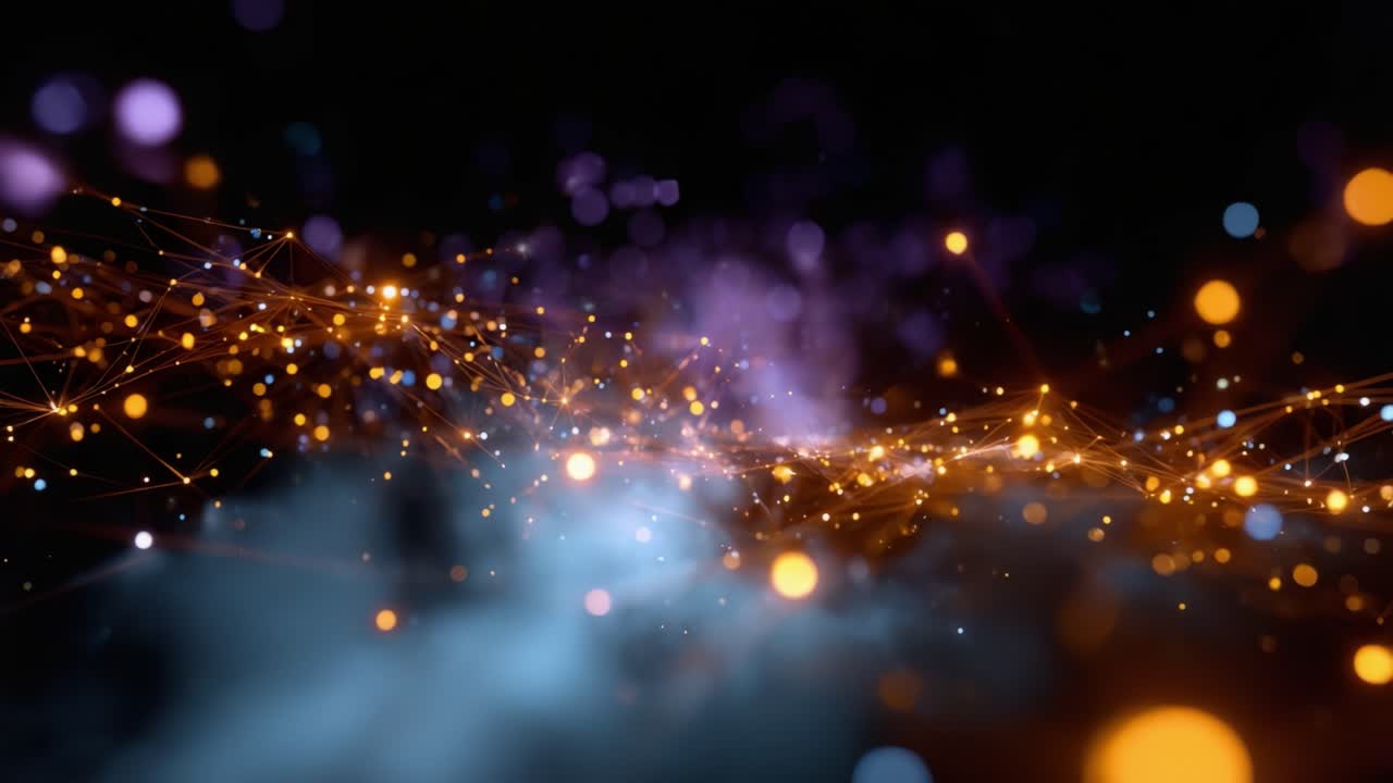 En imponerende visuell fremstilling av abstrakte lysmønstre og partikkelbevegelser i et mørkt rom, som fremhever dynamikken i farge og energiflyt i digital kunst