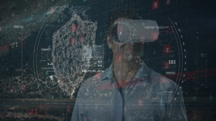 Animation of financial data processing over businessman wearing vr headsets