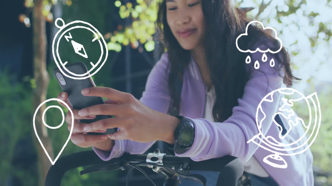 스마트폰을 사용하는 두 인종 여성에 대한 여행 아이콘의 애니메이션