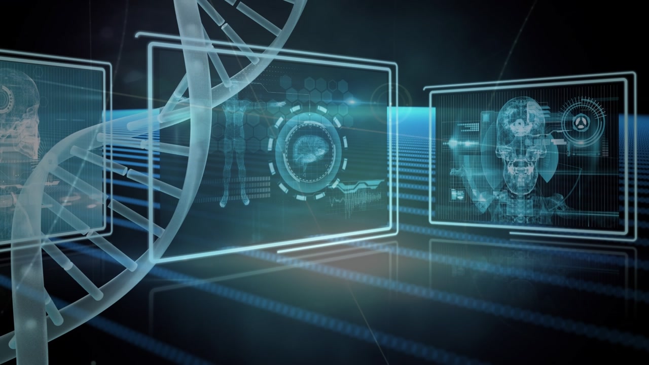 Animation of scientific data on screens, dna and connections over navy background