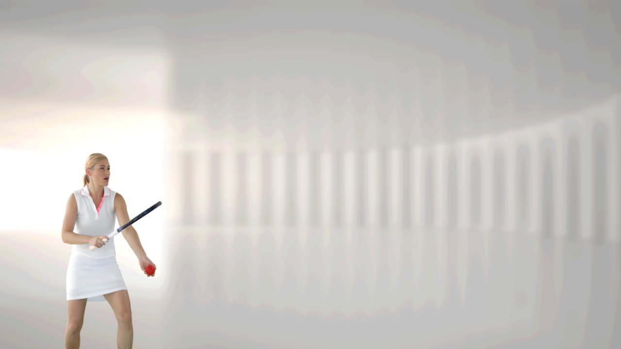 여성 테니스 선수가  바탕에 공을 때리는 애니메이션