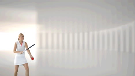 animación de una jugadora de tenis golpeando la pelota sobre un fondo blanco