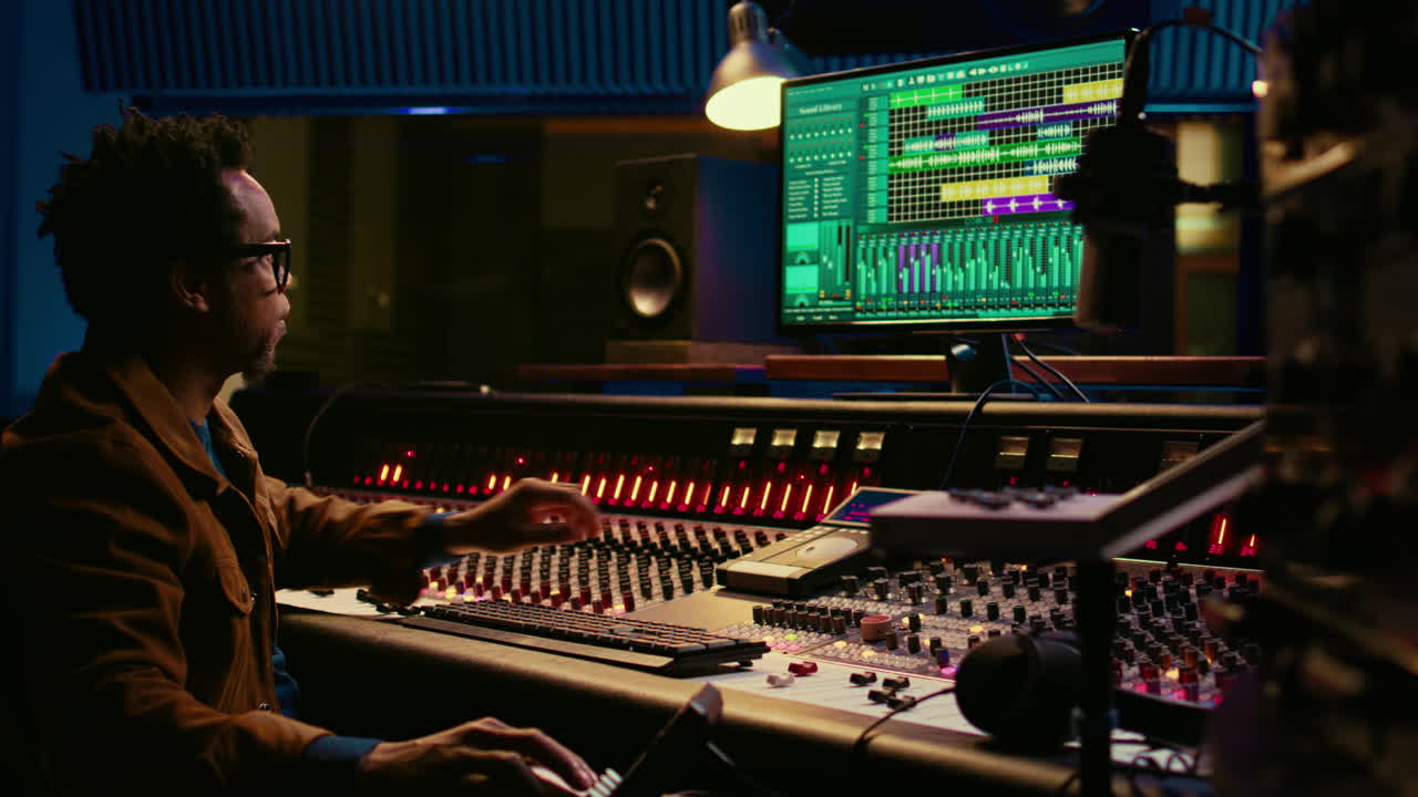 Tracking engineer processing and mixing sounds in control room