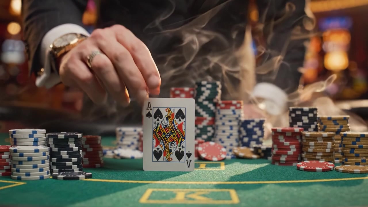 L'eccitazione cresce al tavolo del casinò mentre si svolge una partita di poker ad alte puntate con carte, fiches e un'atmosfera misteriosa di attesa e strategia