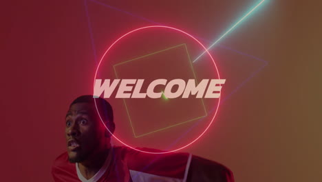 wearing red shirt, man standing with welcome text over neon animation shapes