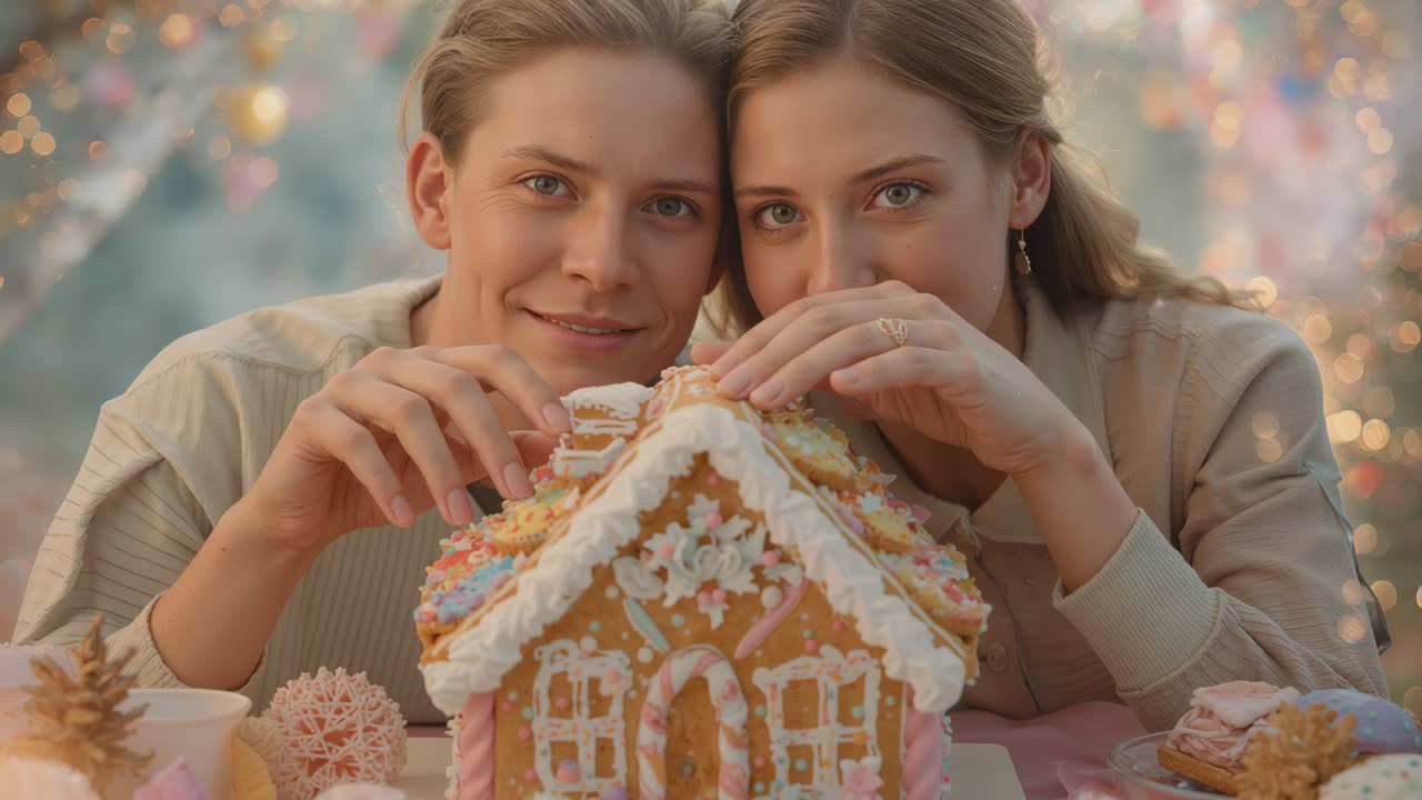 Smiling at camera, two women holding gingerbread house at home, sharing kiss during holiday baking