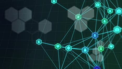 animación de la red de conexiones con iconos sobre hexágonos móviles en fondo negro