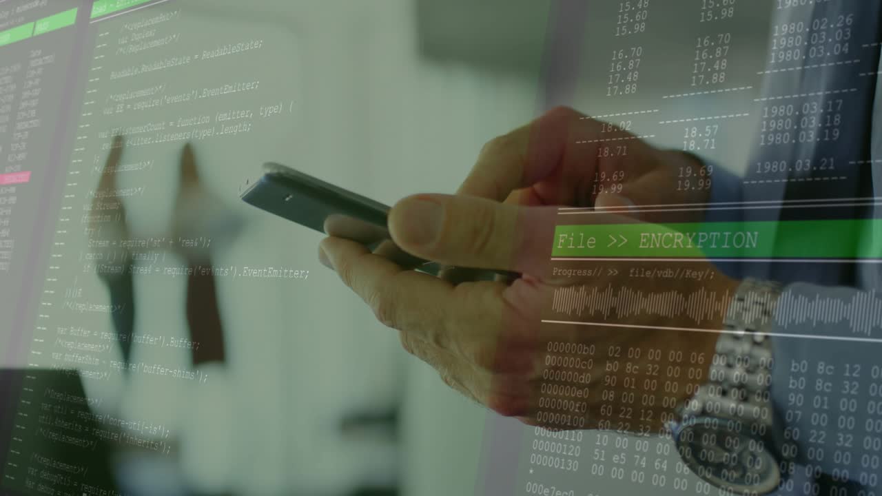 Male business user tapping smartphone and initiating file encryption for security with code overlay