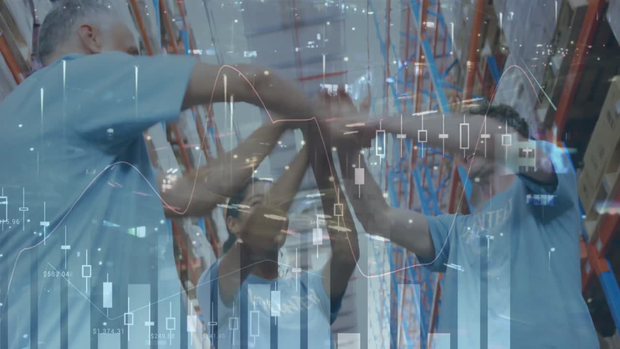 Animation of statistics financial data processing over people stacking hands in warehouse