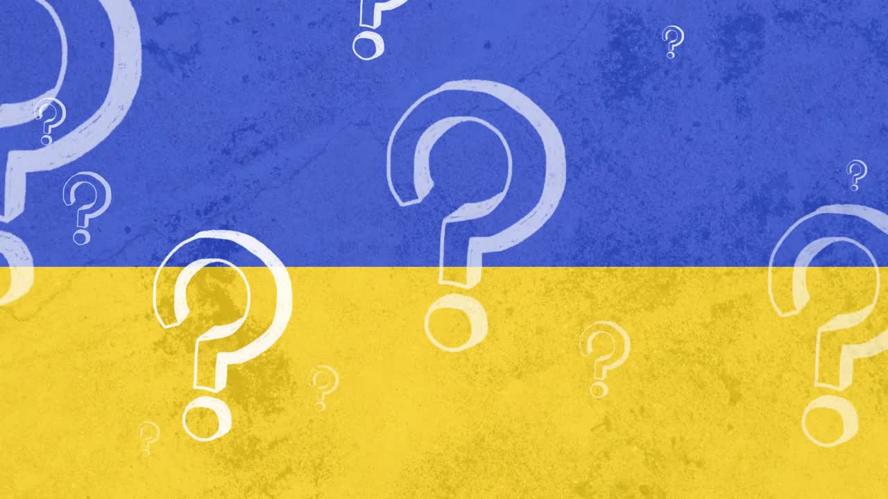 animación de signos de interrogación flotando sobre la bandera de ucrania