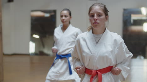Front-view-of-girls-showing-karate-pose-with-fists-on-sides-and-looking-at-front