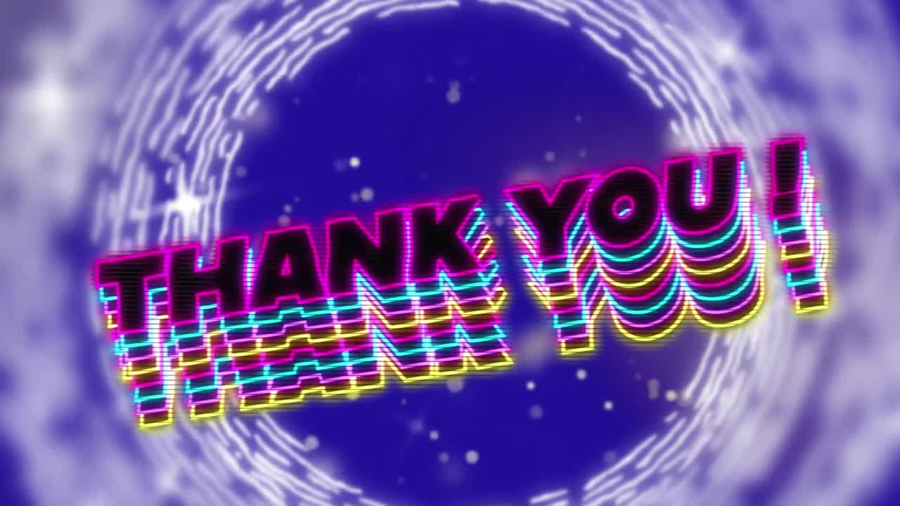네온 모양과 파란색 배경의 빛 반점 위에 감사 텍스트의 애니메이션