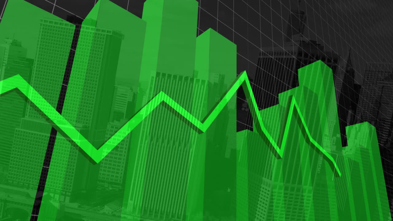 animación del procesamiento de datos financieros con líneas verdes sobre la red y el paisaje urbano
