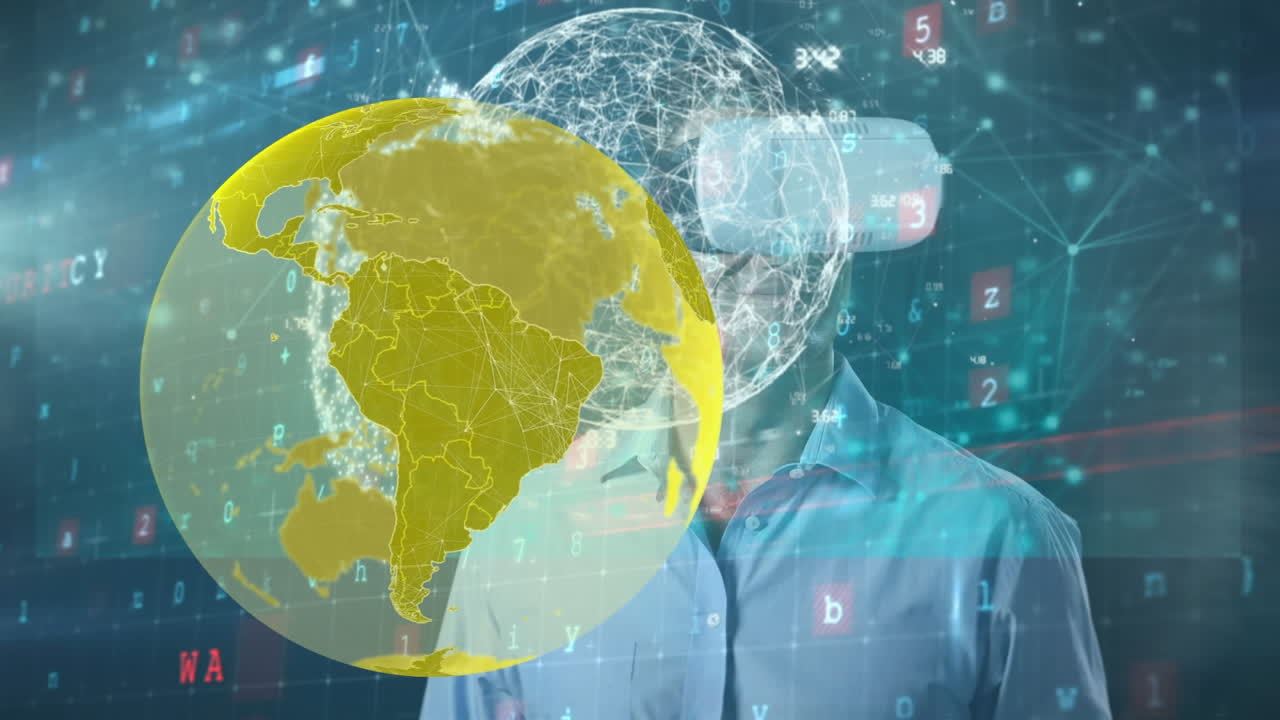 데이터 프로세싱의 애니메이션과 vr 헤드을 착용한 남자와 함께 지구