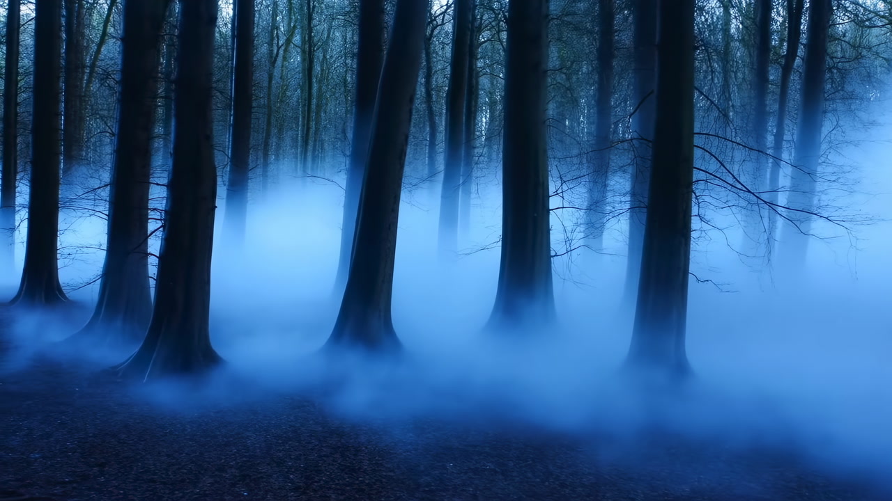 Misty Blue Forest At Twilight, Low Fog Drifting Between Tall Trees, Ground Covered In Damp Leaves, Cool Blue