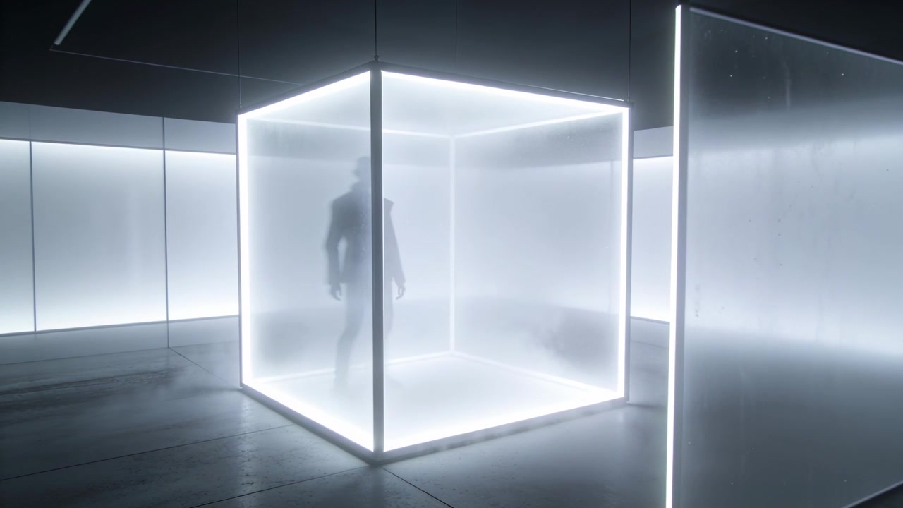 Modella che si muove per il servizio fotografico, indossando una giacca aderente, mentre fa passi all'interno di un cubo LED in studio, con un pannello appannato.