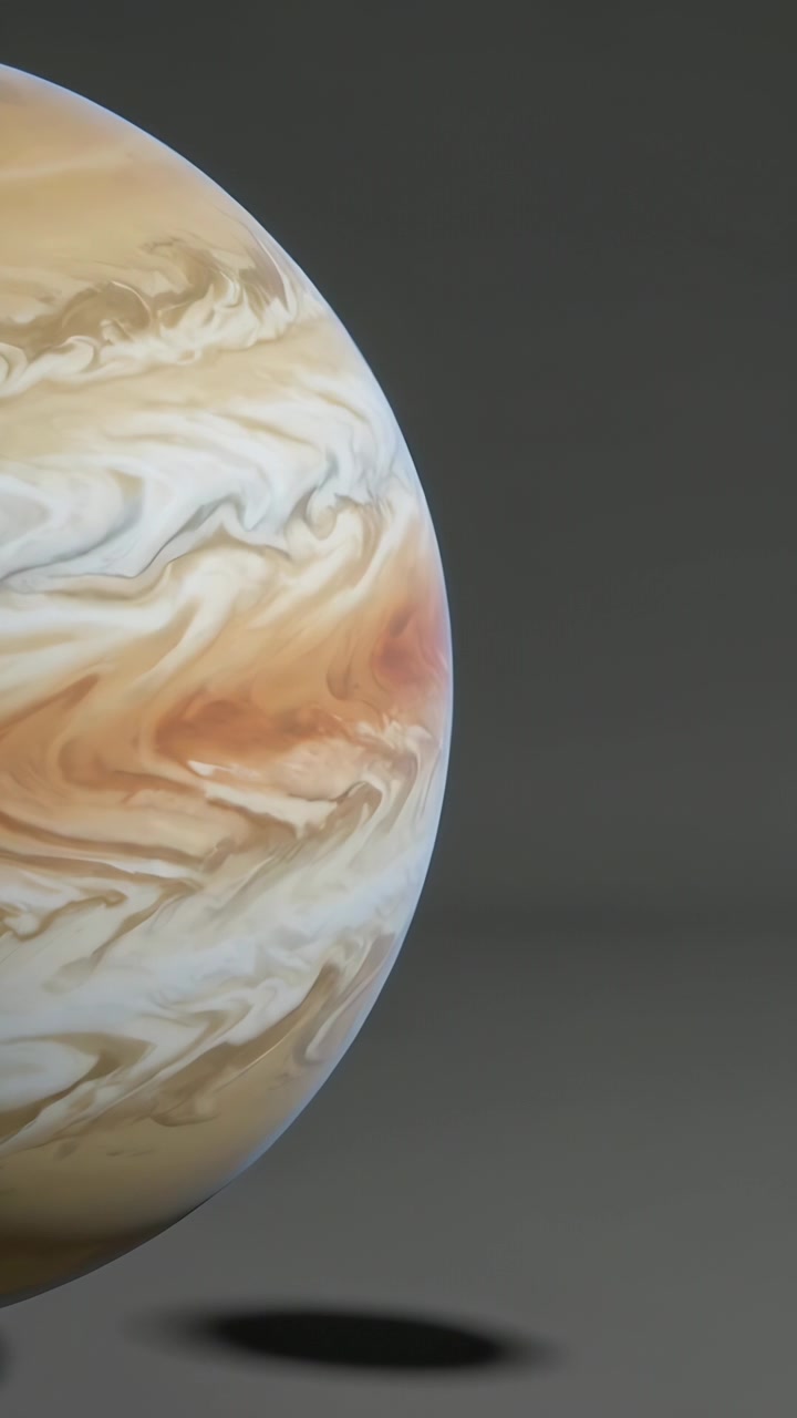 Vertical video: Camera shifting revealing gas-giant sphere rotating in studio, casting oval shadow