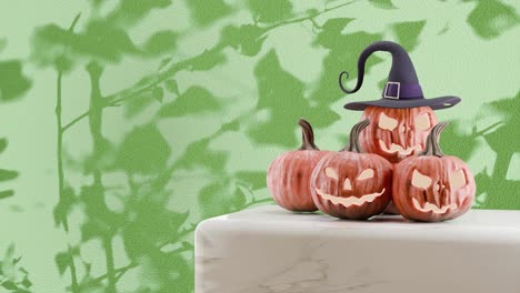 Halloween-Pumpkins-with-Witch-Hat-Casting-Shadows-on-green-background