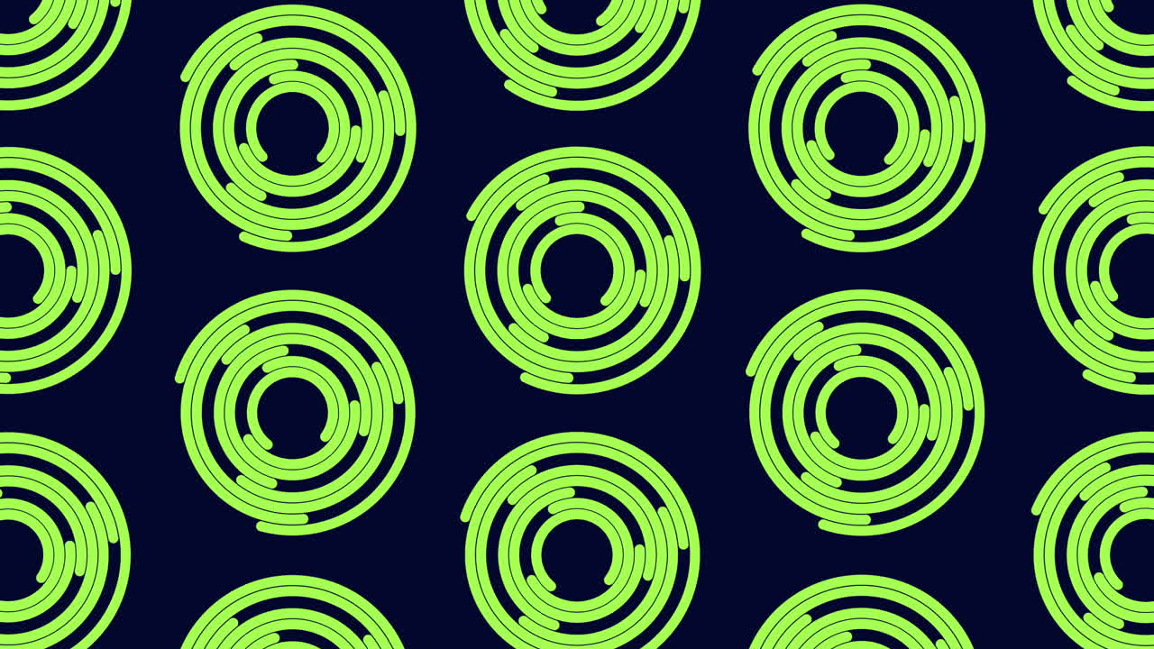 Spiraling purple circle pattern on a black background symmetrical and repeating motif