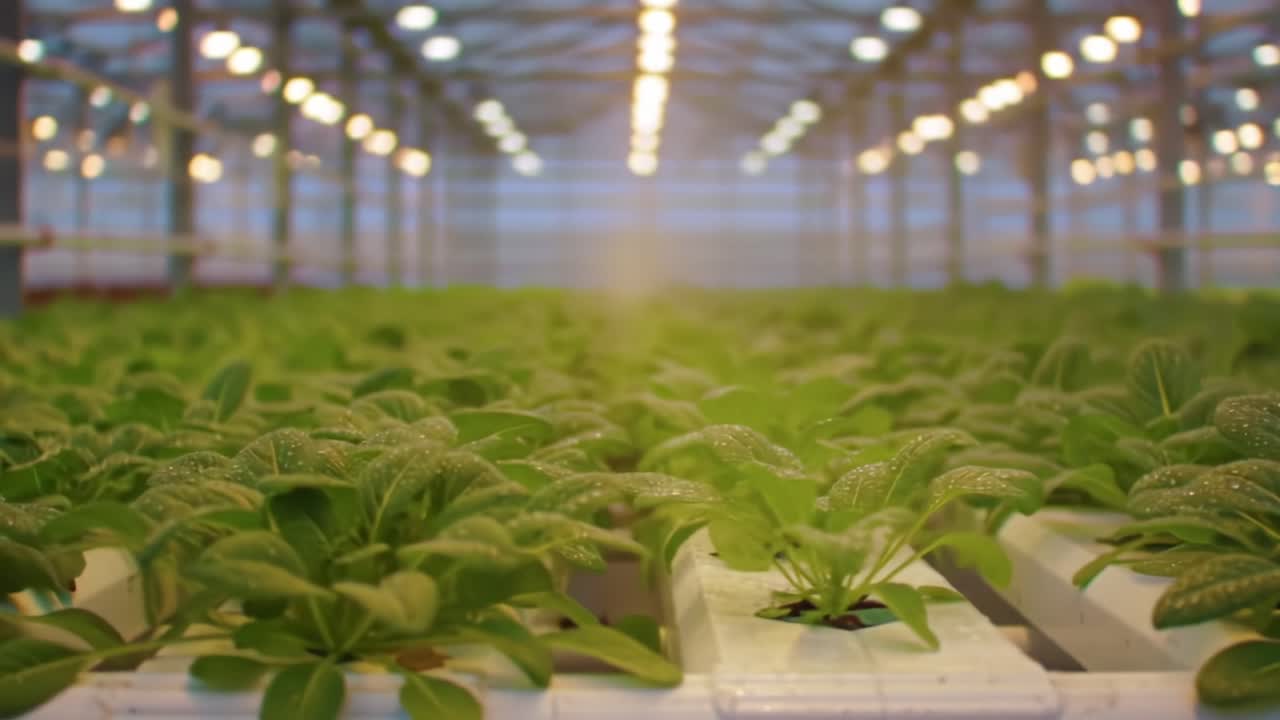 Growing Fresh Greens Inside a Modern Greenhouse Setting With Efficient Lighting
