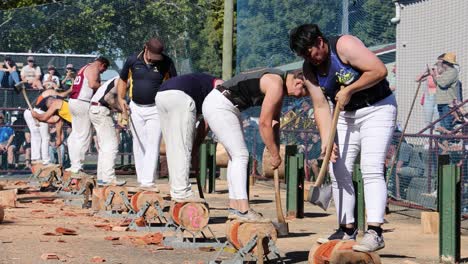 los participantes compiten en la tala de leña en un evento público