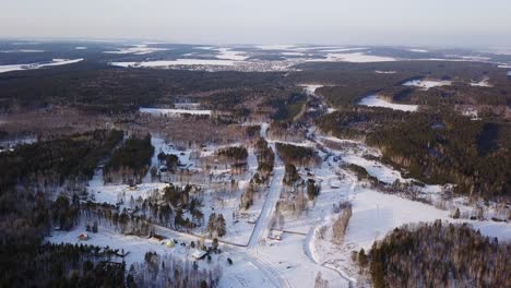 vista aérea de invierno de un pueblo nevado y un bosque