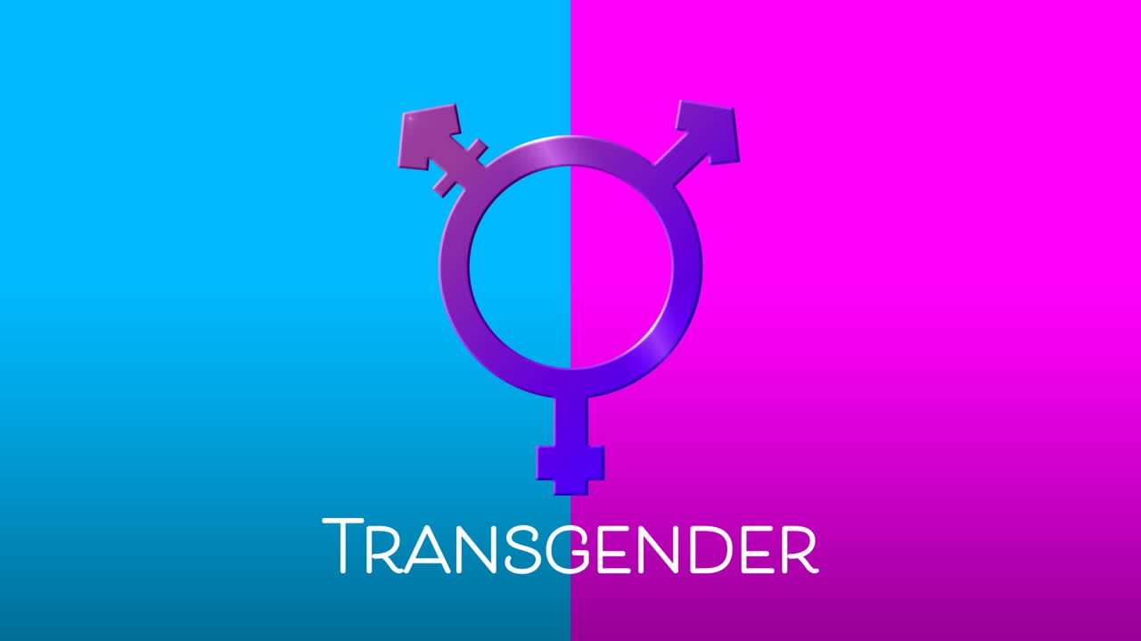 animación del símbolo transexual púrpura sobre fondo azul y rosa