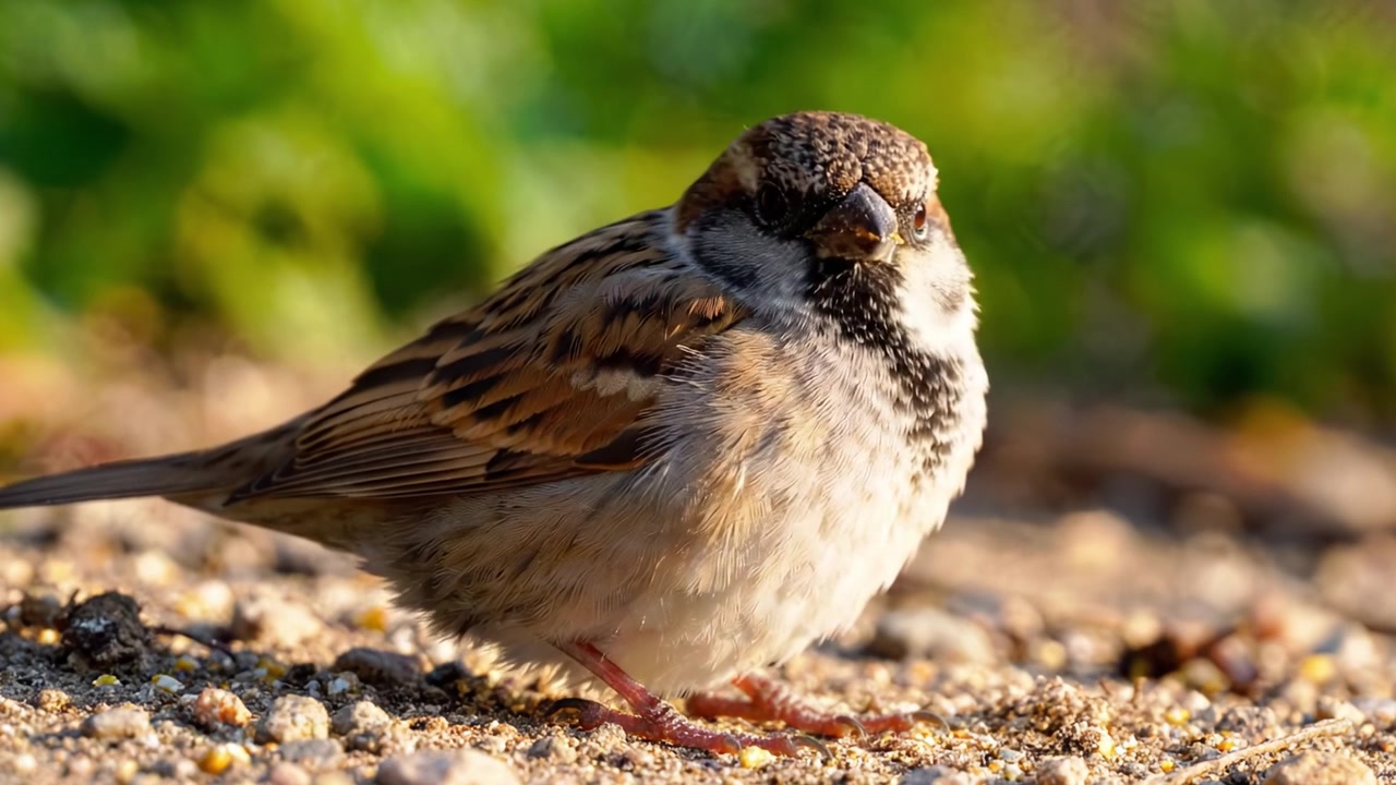 En charmerende spurv, der fouragerer på jorden: Fanger den naturlige elegance og adfærd hos en lille fugl i dens habitat under et solrigt øjeblik.