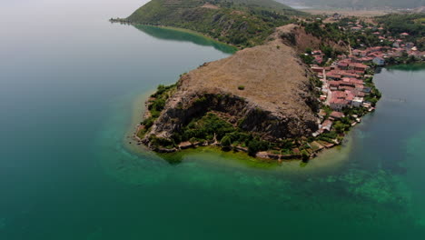 beautiful aerial shot in podgradec lake ohrid, peninsula lin, podgradec in albania