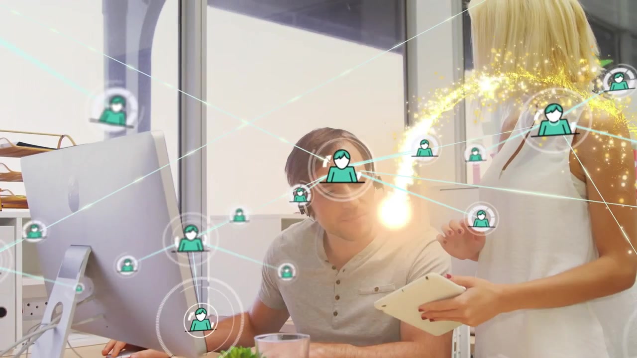 Animatie van netwerken van verbindingen tussen zakenmensen die een laptop gebruiken