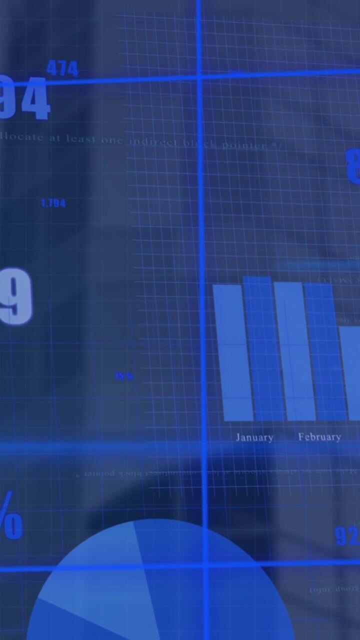 Animazione di elaborazione dati statistici e punto luminoso blu su vista aerea di un grattacielo