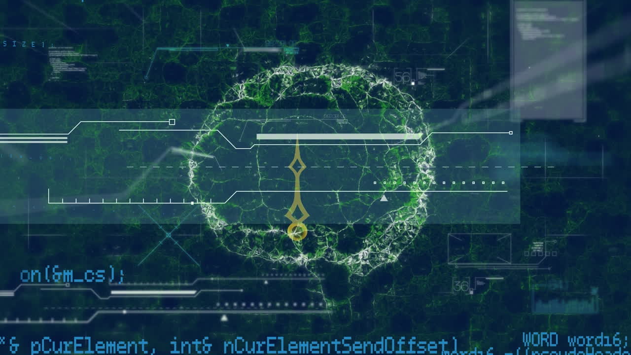 파란색 배경 위에서 회전하는 인간 뇌를 통해 데이터 처리의 애니메이션