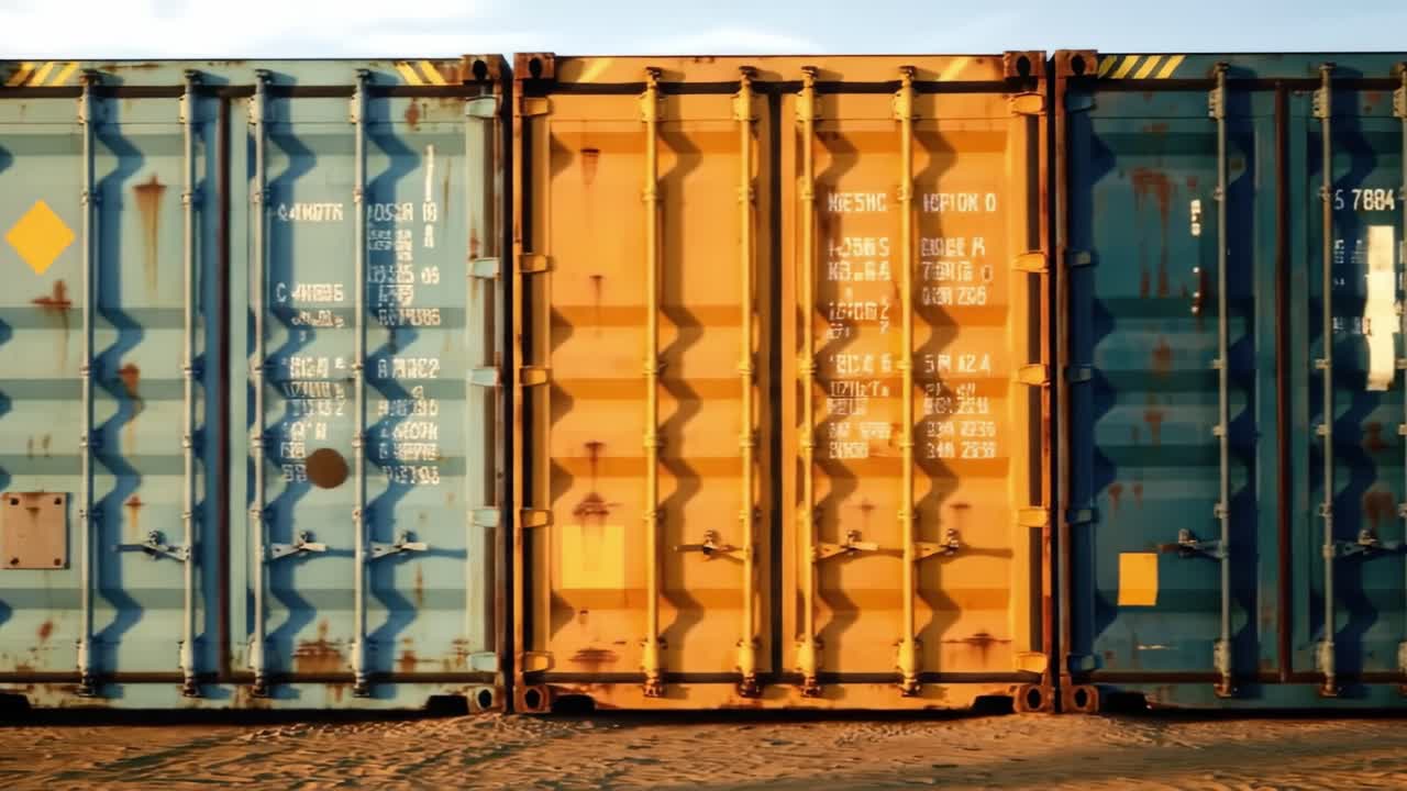 A group of shipping containers in various colors stands stacked at a coastal site. The warm sunset casts beautiful light and shadows, enhancing the rich textures and colors of the containers.