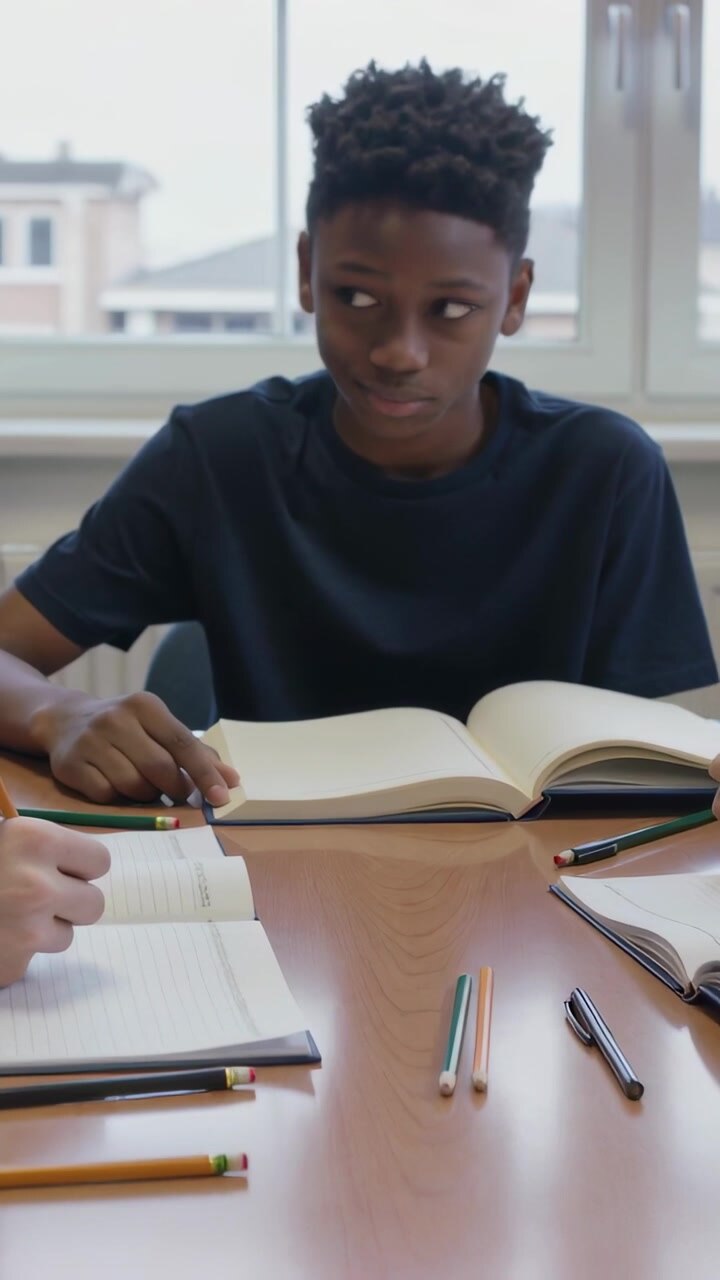 Video verticale: Ragazzo in maglietta blu scuro che segue la lezione dal libro e sbircia gli appunti dei compagni in classe