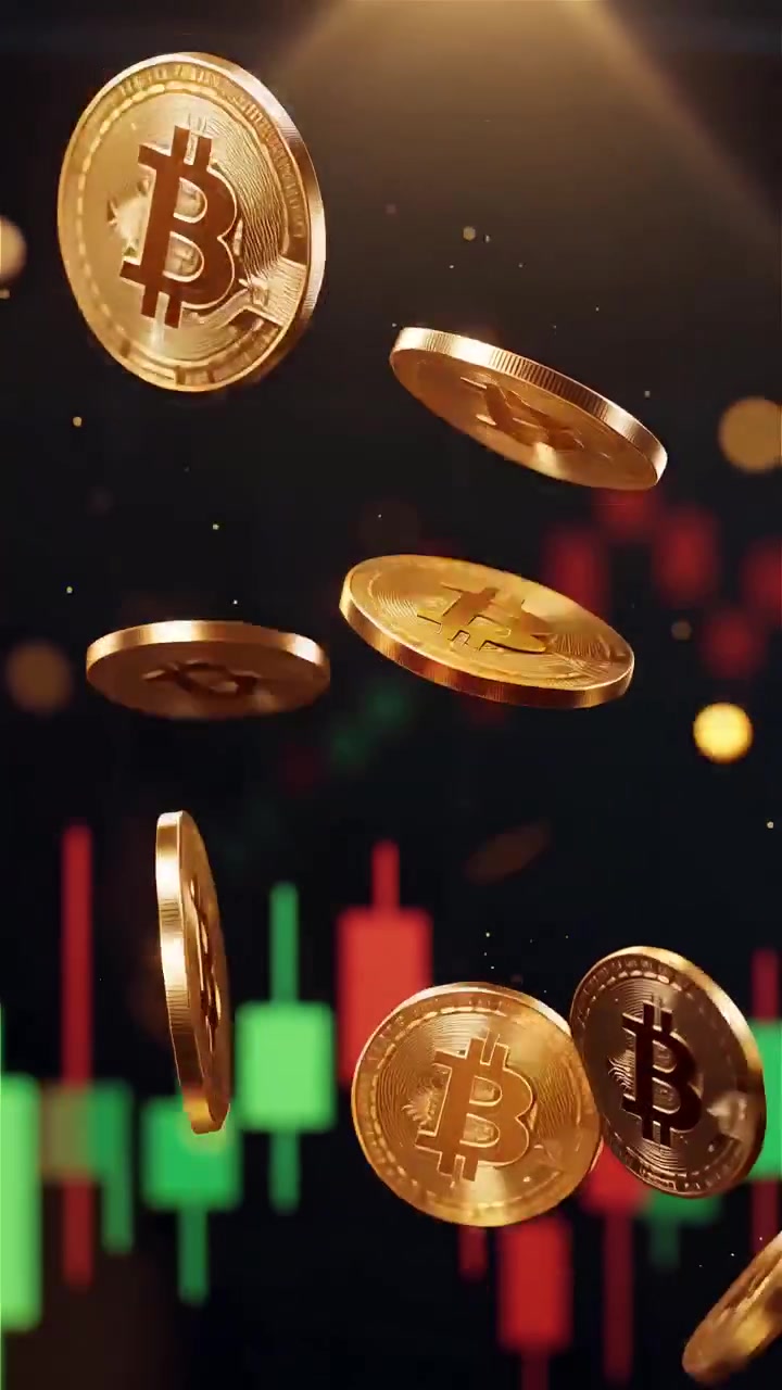 Moedas de Bitcoin douradas com fundo de gráfico de velas desfocado 4K