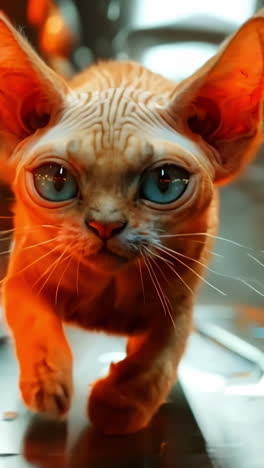 playful cat walking through colorful futuristic corridor. a curious cat explores a vibrant corridor filled with glowing lights. vertical video