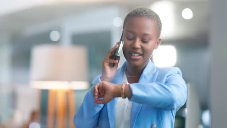 business, black woman and phone call with watch