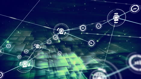 network of interconnected icons and data processing animation over digital grid