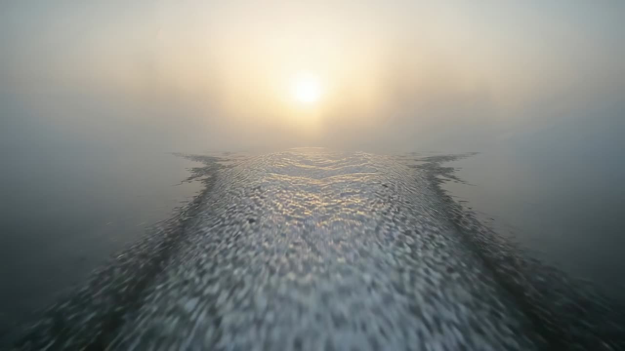 Recording central boat wake widening on open water in fog, boat moving toward low sun