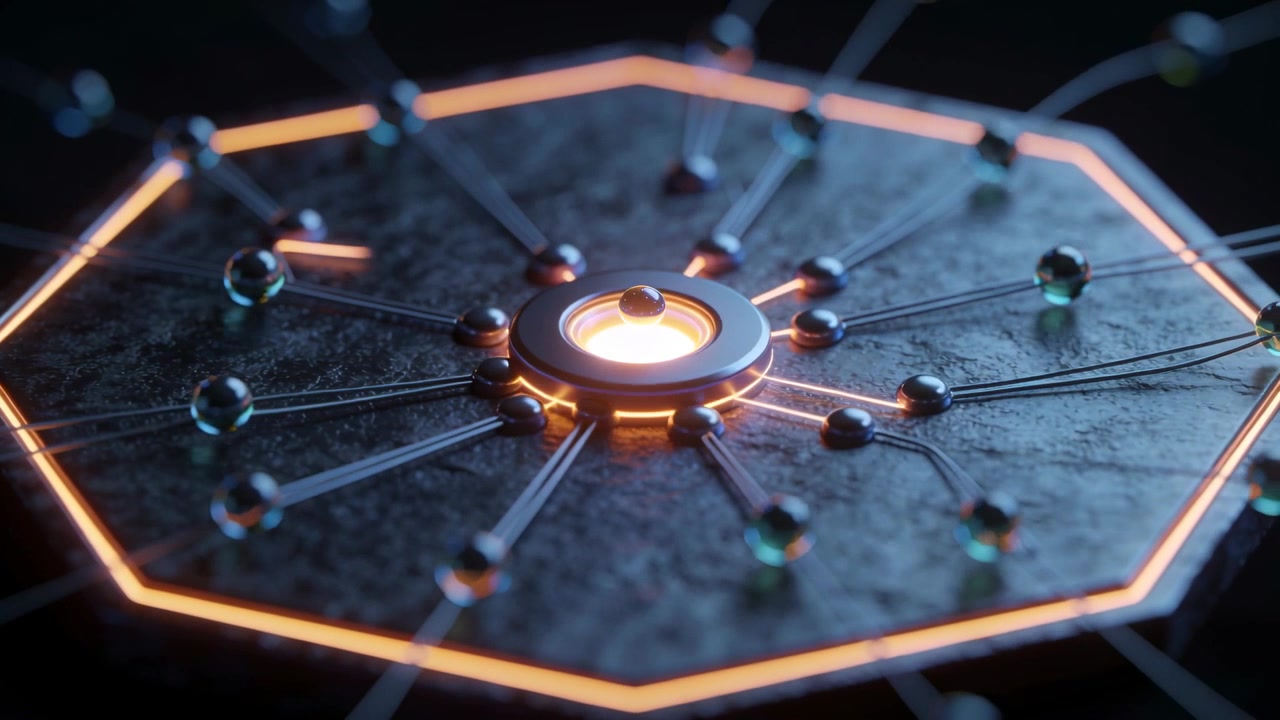 Looping octagon platform in studio sending glass beads along rods toward neon rim showing data flow