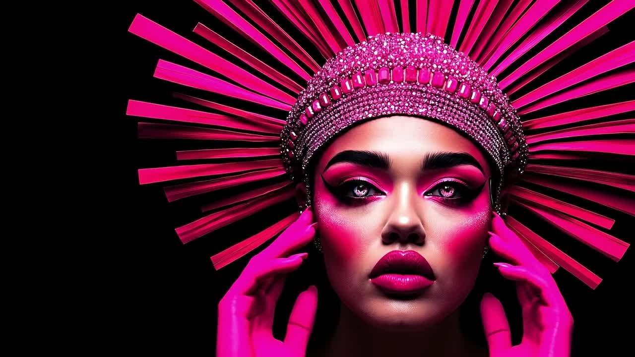 Una donna con trucco rosa e una corona sulla testa