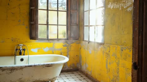 a bathroom with yellow walls and a white bathtub