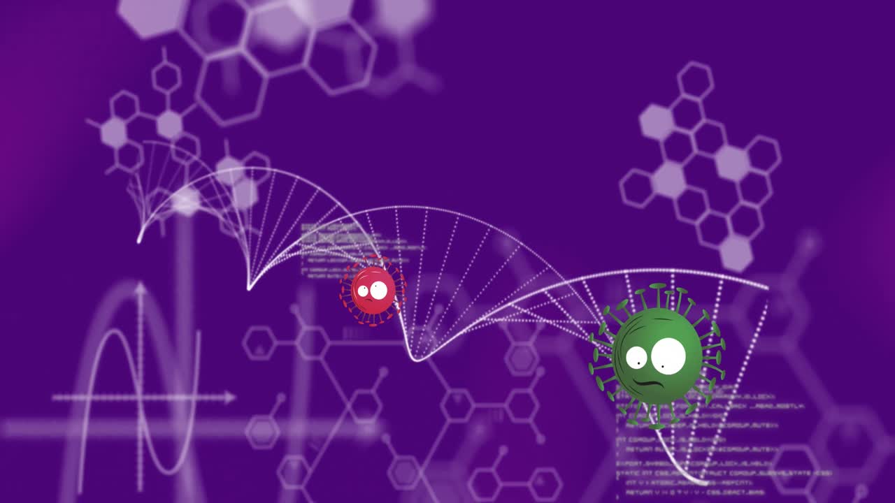 코로나 19 세포의 애니메이션 이동 데이터 처리 및 dna 스트랜드 스핀링